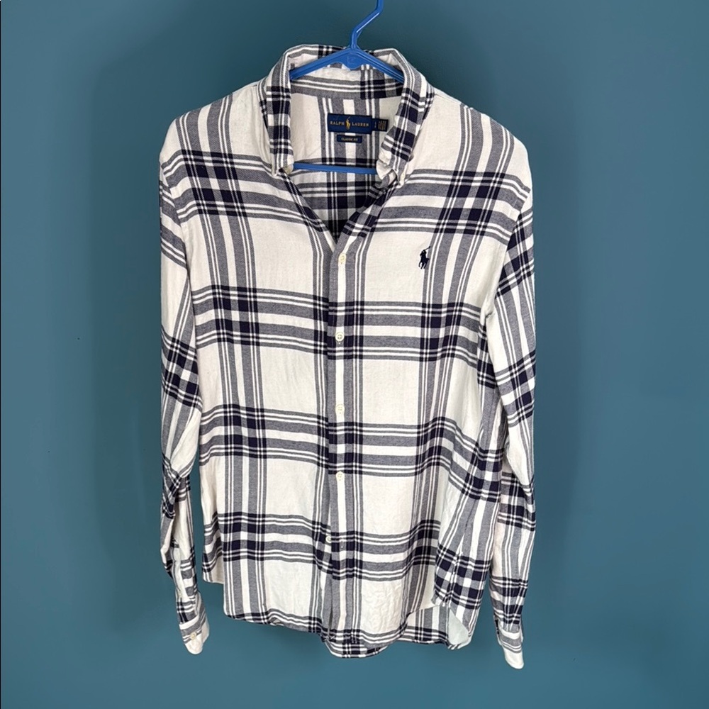 Ralph Lauren White and Navy Plaid Button-Down Shirt